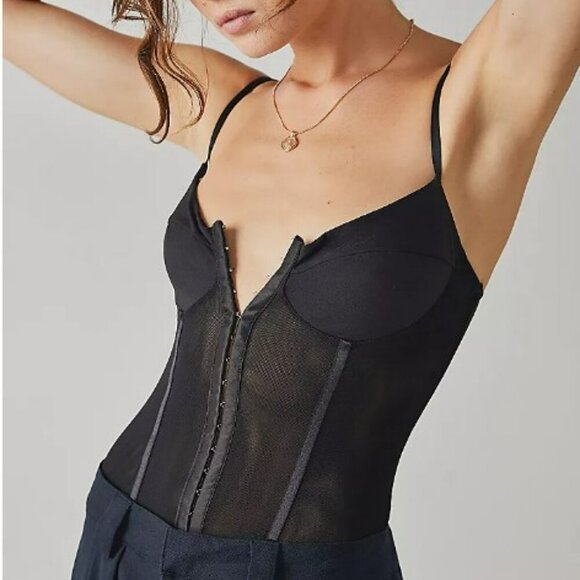 Free People Intimately Lace Mesh Night Rhythm Corset Black Bodysuit Size M - NEW - Picture 3 of 16
